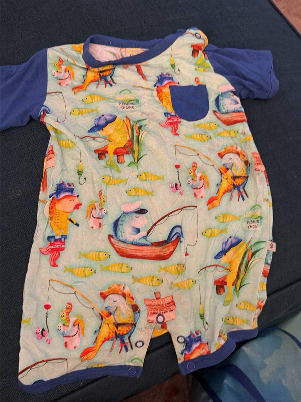 Bamboo Fishing Print Short Sleeve Romper - Blue Trim - 18-24M